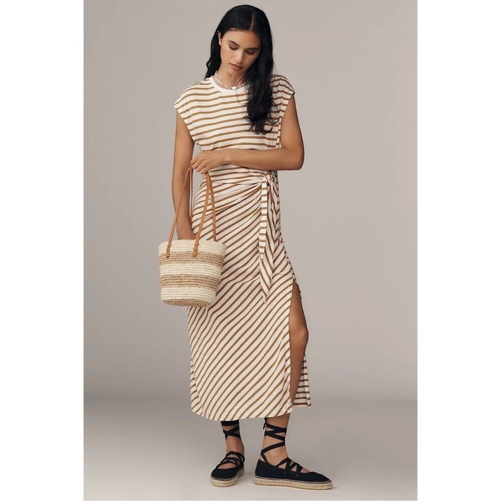 Striped Tie-Waist Midi Dress in Cream and Tan